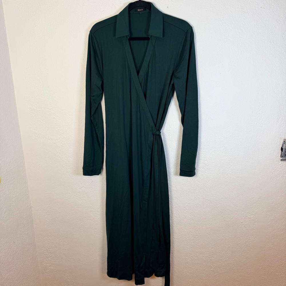 Quince $150 Women's L 100% Silk Jersey Midi Wrap Dress Evergreen Long Sleeve